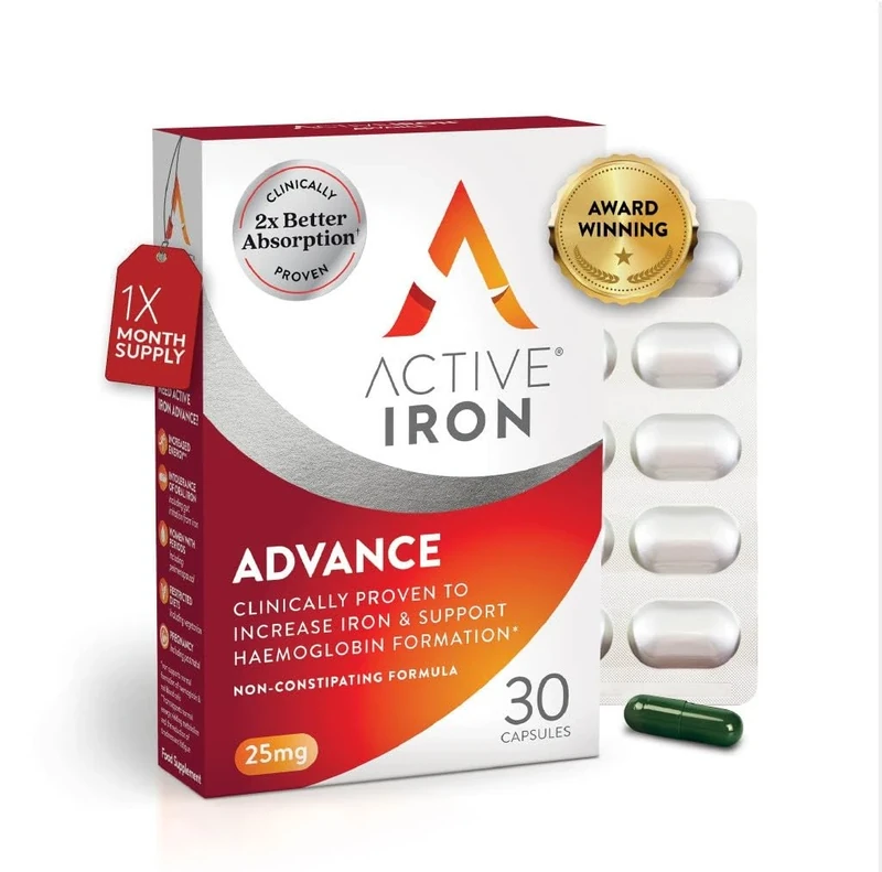 Active Iron Advance Supplement 25 mg – Clinically Proven to Increase Iron & Energy Levels – Gentle, Non-Constipating, Highly Absorbed – 30 Capsules, 1 Month Supply