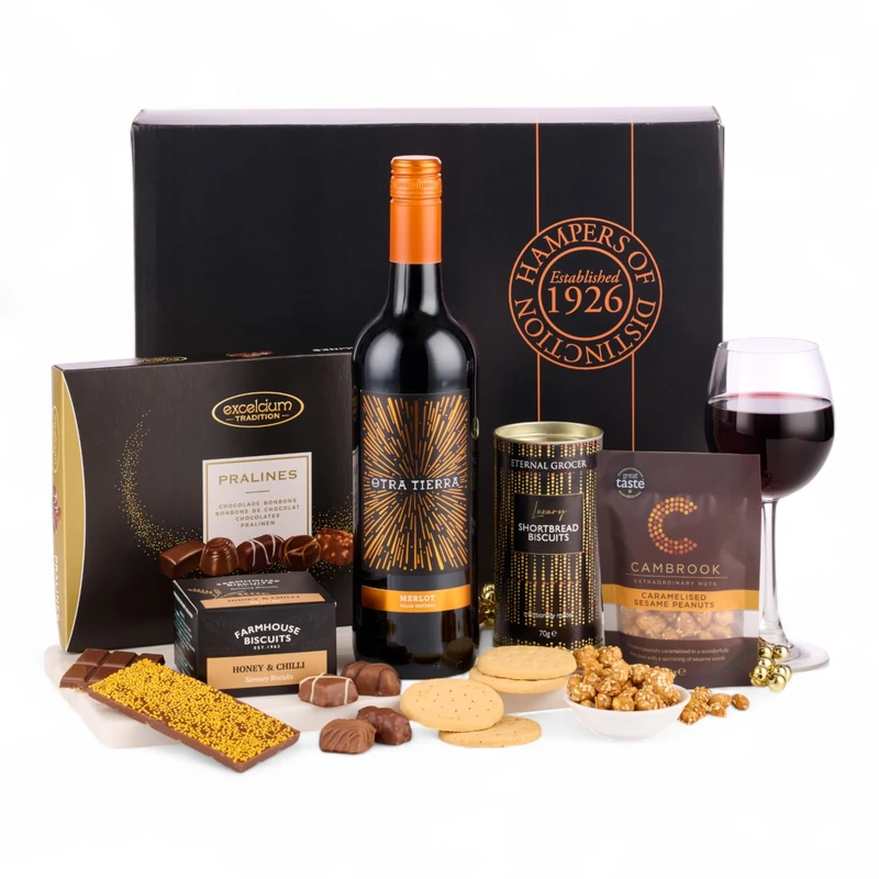 Thornton & France Celebration with Red Wine Gift Box | Luxury Red Wine Hamper with Otra Tierra Merlot & Gourmet Treats | Indulgent Wine Gift Set for Him or Her | 6 Delicious Items