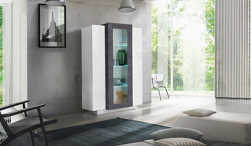 Dmora - Display cabinet Kevin, Sideboard with three doors, Multipurpose living room furniture, 100% Made in Italy, cm 80x38h121, Glossy White and Ash Gray