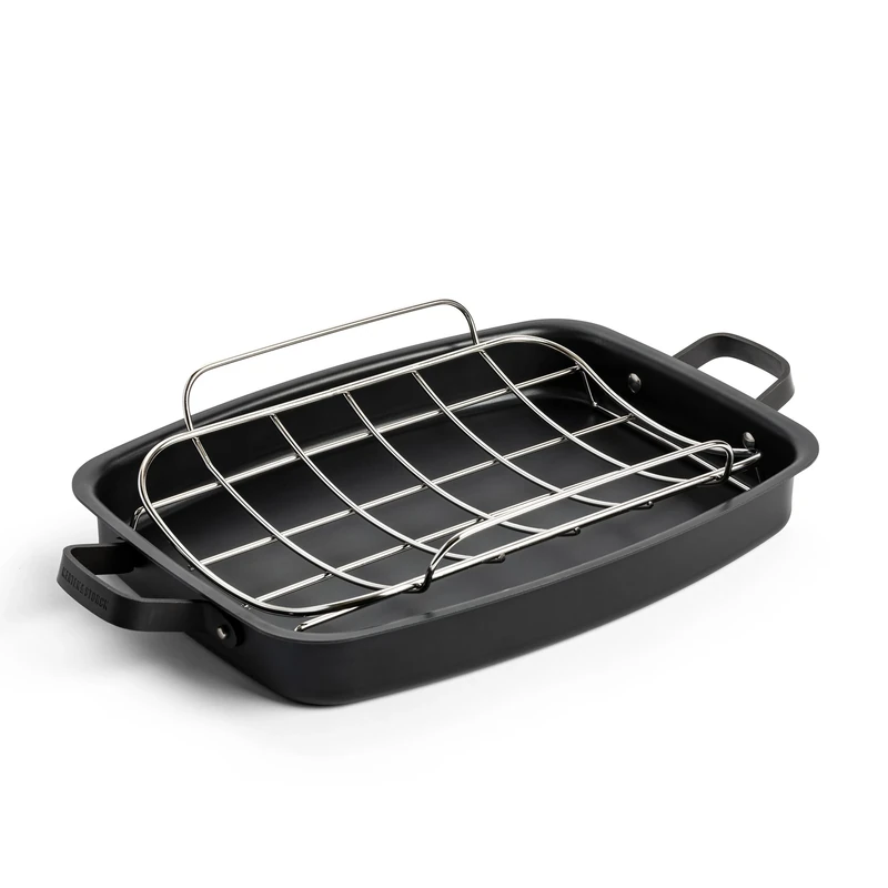 Merten & Storck Pre-Seasoned Carbon Steel Induction 47x27x6 cm Roasting Pan with Stainless Steel Removable Roaster Rack, Oven Safe Up to 300°C, Black