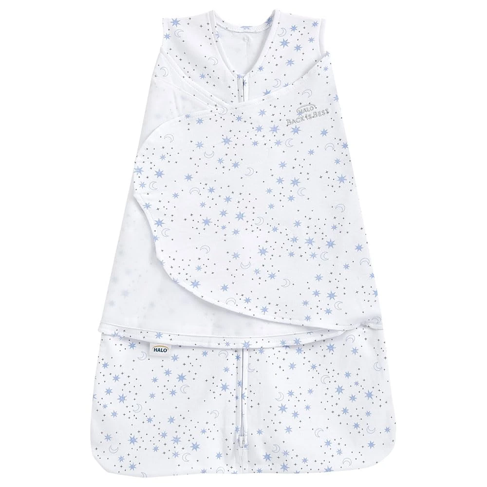 HALO Baby Sleeping Bag Swaddle | 1.5 TOG SleepSack | 100% Cotton, Blue Moons Sleeping Sack For Newborn Babies | Easy Zip Access Nappy Change | Wearable Blanket Grow Bag | Boys & Girls, 0-3 Months