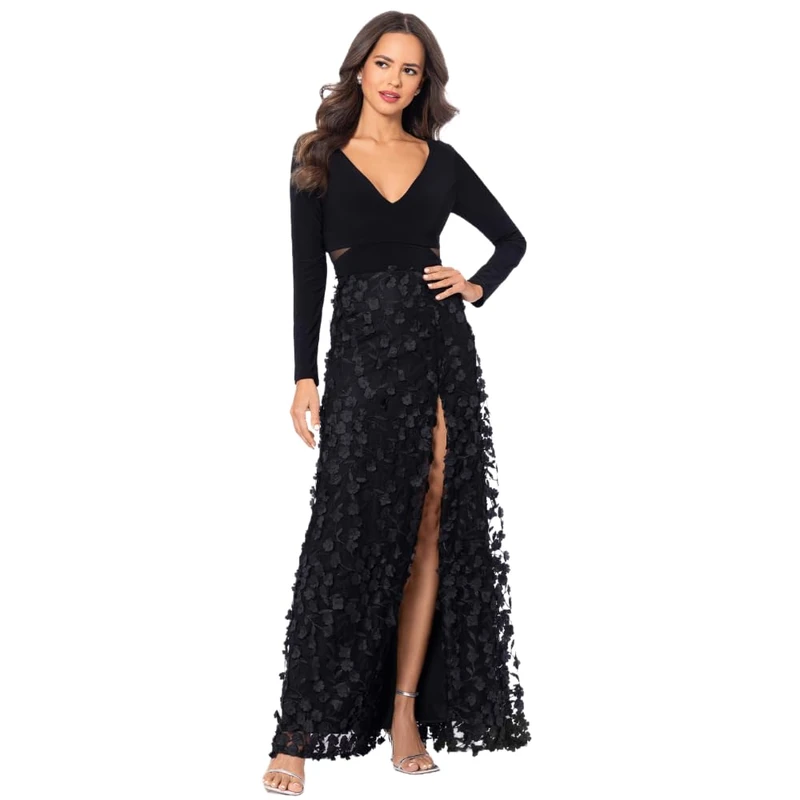 Xscape Womens Black Textured Floral Long Sleeve V Neck Full-Length Fit + Flare Evening Dress UK Size: 12