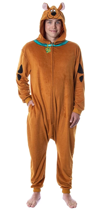 Scooby-Doo Mens' Hooded Costume Sleep Pajama Union Suit Outfit (Small/Medium) Brown - Image 1