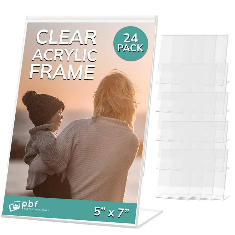 Photo Booth Frames - 5x7 Inch Clear Acrylic Display, Slanted Back Vertical Standing Plastic Picture or Display Sign Holder with Inserts - 96 Count