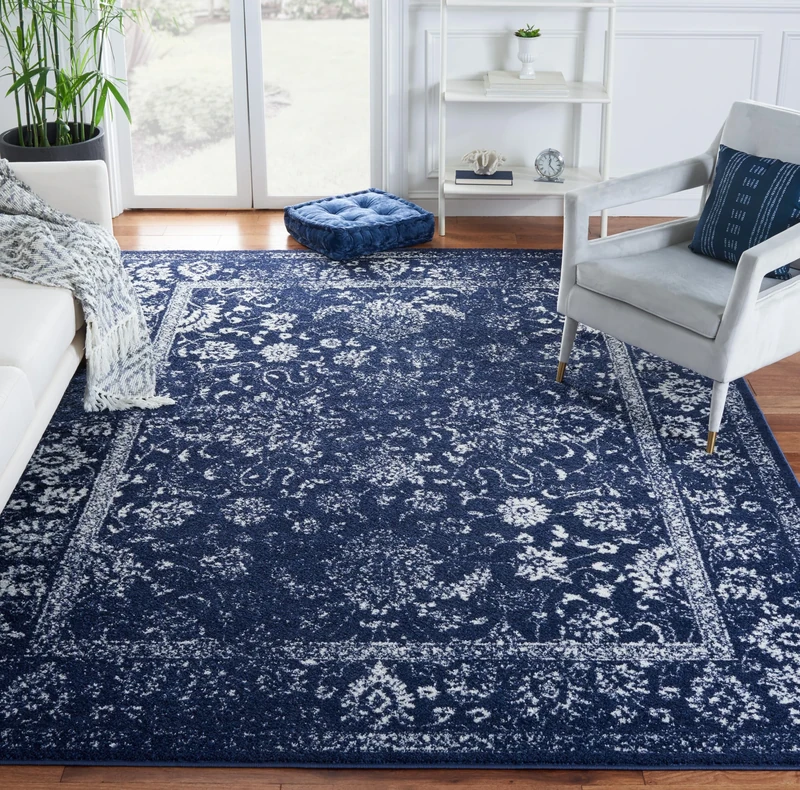 Safavieh Distressed Rug for Living Room, Dining Room, Bedroom - Adirondack Collection, Short Pile, in Navy and Ivory, 183 x 274 cm