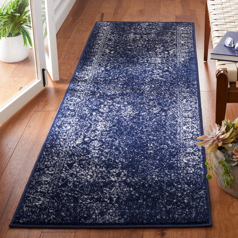 Safavieh Distressed Rug for Living Room, Dining Room, Bedroom - Adirondack Collection, Short Pile, in Navy and Ivory, 76 X 244 cm