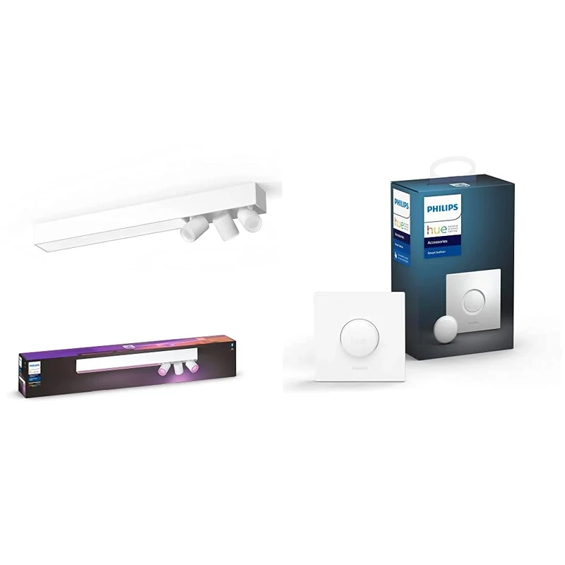 Philips Hue Centris White and Colour Ambiance Smart Ceiling Bar Light, 3X SpotLights [GU10 Spot] with Bluetooth, and Smart Button, White. Works with Alexa, Google Assistant and Apple HomeKit.