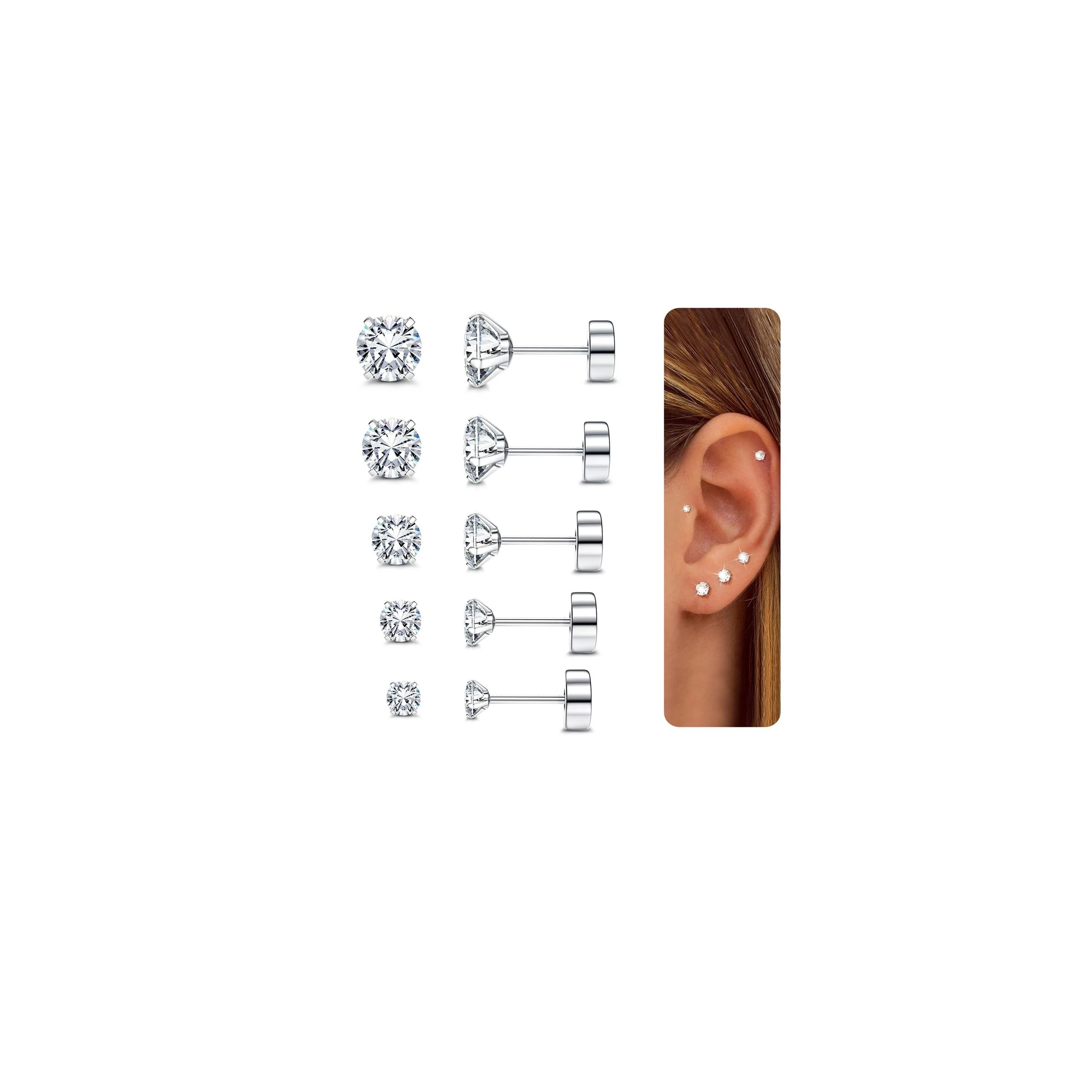 CASSIECA 5Pairs Silver Earrings for Women Men Flat Back Earrings 316L Stainless Steel Hypoallergenic Cartilage Helix Tragus Piercing Jewellery Silver Stud Earring Set with AAAAA+ CZ