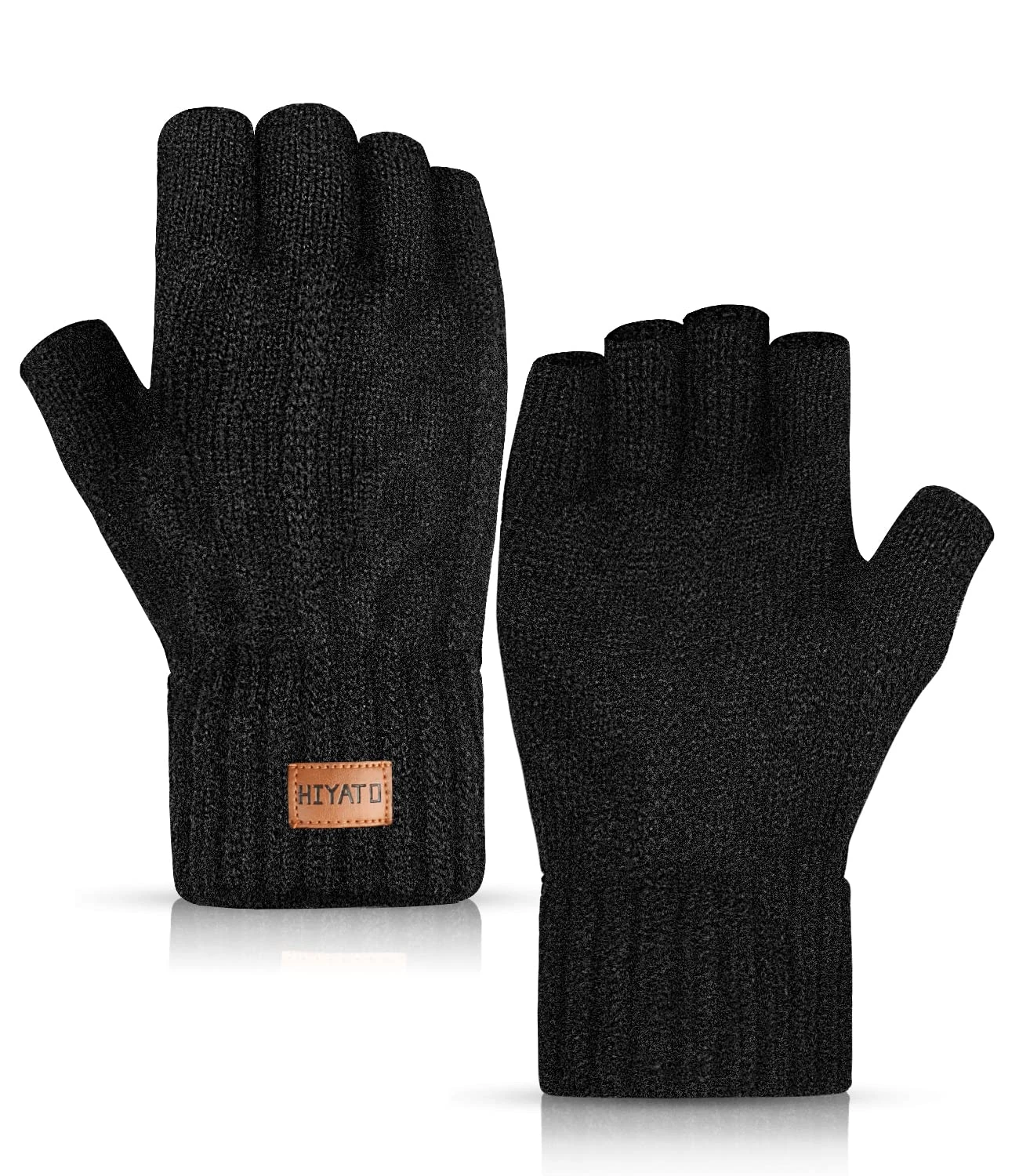 HIYATO Mens Fingerless Gloves,Winter Warm Knit Gloves with Soft Lining,Touchscreen Thermal Gloves for Men and Women (Black Fingerless 02)