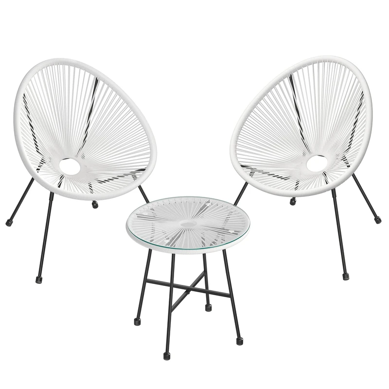 SONGMICS Garden Patio Furniture Set 3 Pieces, Acapulco Chair, Outdoor Seating, Glass Top Table and 2 Chairs, Indoor and Outdoor Conversation Set, White GGF013W02