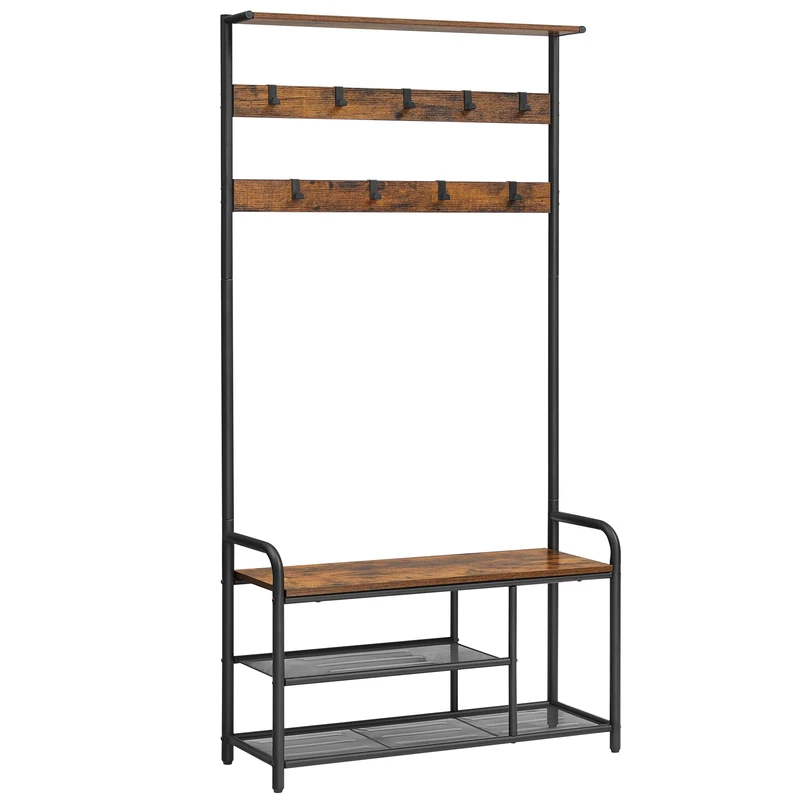 VASAGLE Coat Rack Stand, Hall Tree with Bench and Shoe Storage, 9 Removable Hooks, Shoe Rack, Shelf, 30 x 85 x 180.5 cm, for Hallway, Bedroom, Apartment, Industrial, Rustic Brown and Black HSR409B01