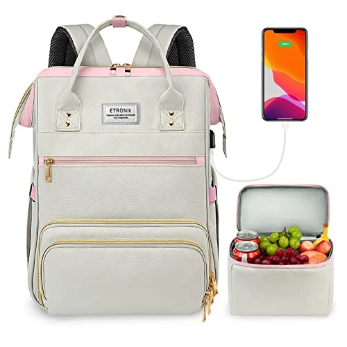 ETRONIK Laptop Lunch Backpack for Women, 15.6 inch Laptop Backpack with USB Port, Teacher Nurse Work Bag with Cooler Bag Insulated, Rucksack for Women Business Work Picnic, Gift, Grey Pink