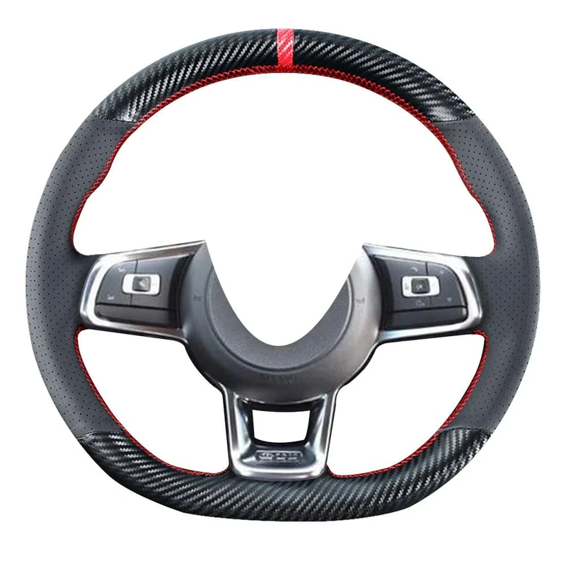 Kivnto DIY Stitching Carbon Fiber Steering Wheel Cover for Volkswagen VW Golf GTI 7 MK7 Golf R Jetta 2.0T GLI 2015 2016 2017 2018 2019 2020 2021 Black 15 inches Leather Interior Accessories