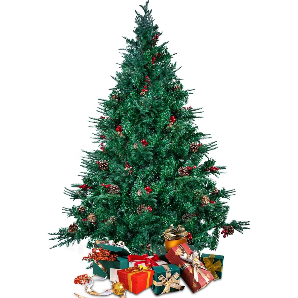 1.8m/6Ft Christmas Tree Green, Xmas Tree Holiday Decoration with Metal Stand 688 Tips 58 Berries 58 Real Pine Cones (Mix Types Leaves PVC/PE Tree Bud and Pine)
