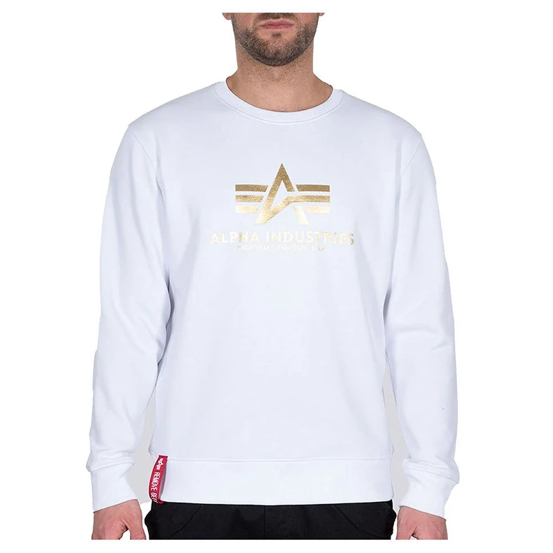 ALPHA INDUSTRIES Men's Basic Sweater Foil Print Sports Hoodie, White/Yellow Gold, XS