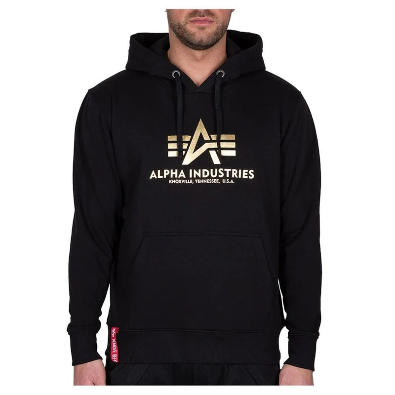 Alpha Industries Men's Basic Hoody Foil Print Hooded Sweat Sweatshirt, Black/Yellow Gold, XS