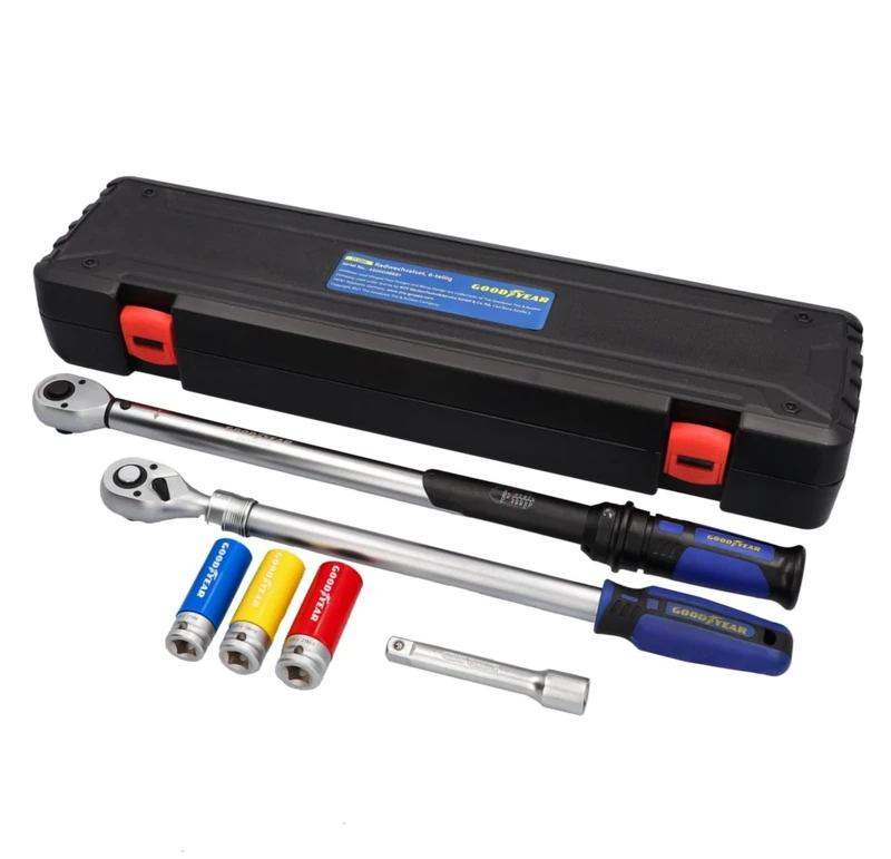 Goodyear Set of 6 Wheel Change Torque Wrench + Reversible Ratchet + 3-Piece Socket Set + Extension Box Black