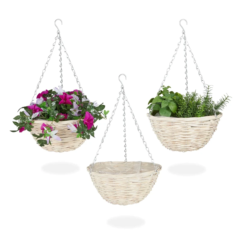 Relaxdays Set of 3 Hanging Plant Basket, Handmade Willow Wood Wicker, with Foil, Flower Pots, HxØ: 12 x 25 cm, Natural