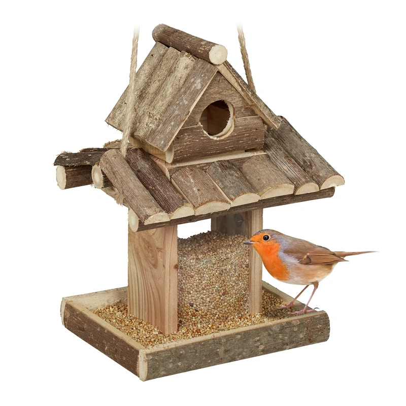 Relaxdays Feeder, Hanging, H x W x D 25 x 17.5 x 16 cm, Garden, for Small Birds, Wood, Natural