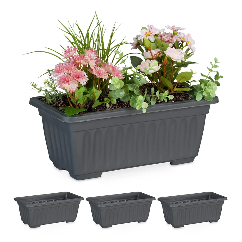 Relaxdays Set of 4 Planters, Indoor & Outdoor, Square Flower Pot, Narrow, HxWxD: 14 x 34 x 18.5 cm, Plastic, Anthracite