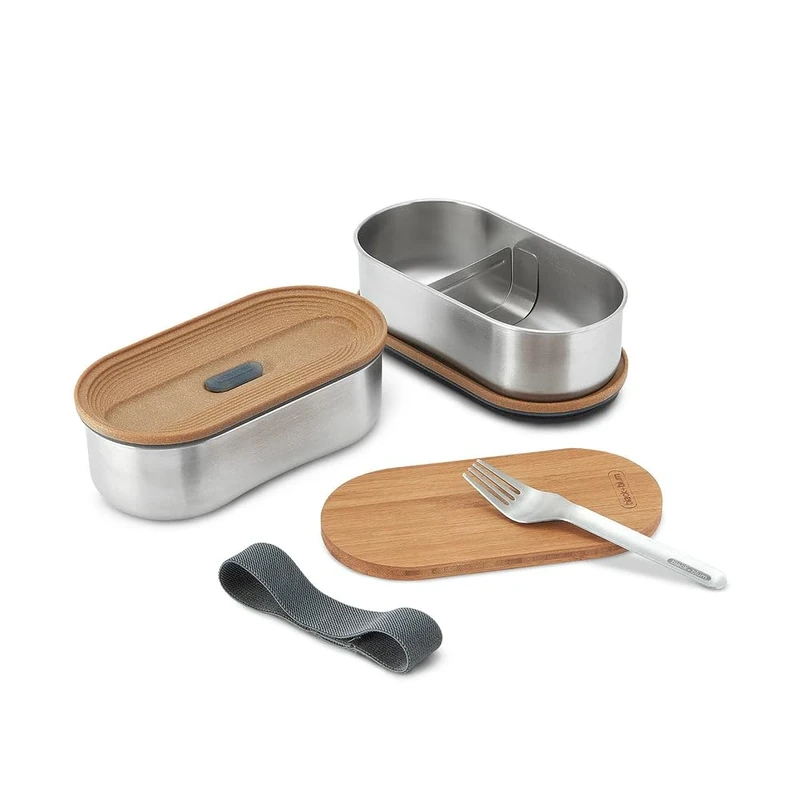 BLACK+BLUM - Bento Box - Stainless Steel Stackable Lunch box with Leak Proof, Lightweight, Multi-Purpose Bamboo Lid, Fork Included - Dishwasher and Freezer Safe, Slate - 2 x 500ml