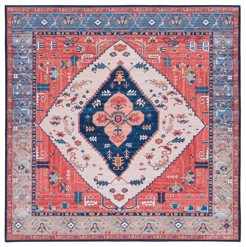 Safavieh Traditional Rug Ideal for High Traffic Areas - Machine Washable and Non Slip - Tucson Collection, Short Pile, in Rust and Blue, 183 X 183 cm
