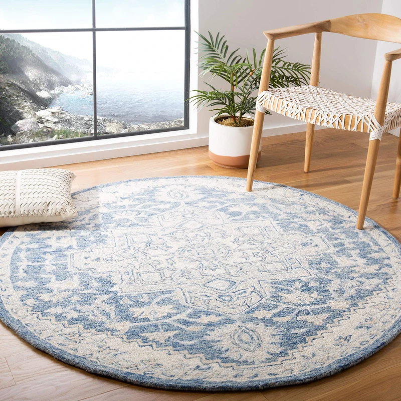Safavieh Traditional Rug for Living Room, Dining Room, Bedroom - Micro-Loop Collection, Short Pile, in Blue and Ivory, 90 x 90 cm