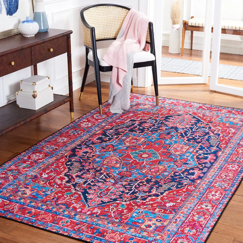 Safavieh Traditional Rug Ideal for High Traffic Areas - Machine Washable and Non Slip - Tucson Collection, Short Pile, in Navy and Red, 183 X 274 cm