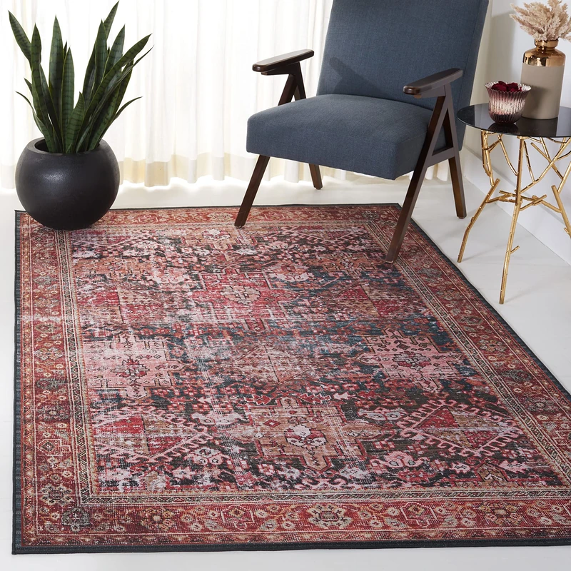 Safavieh Traditional Rug Ideal for High Traffic Areas - Machine Washable and Non Slip - Tucson Collection, Short Pile, in Red and Green, 122 X 183 cm - Image 1