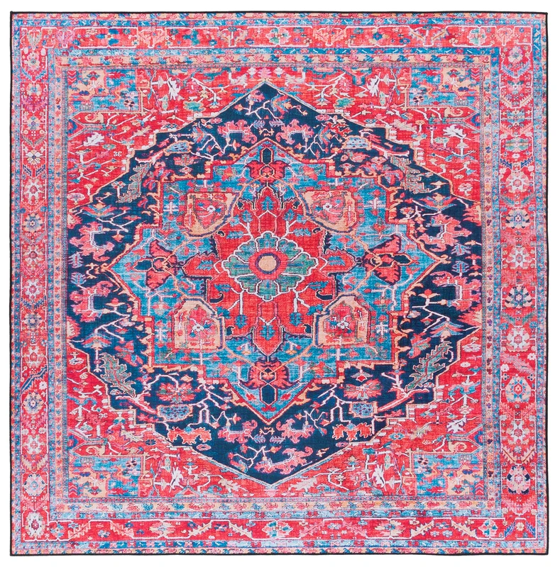 Safavieh Traditional Rug Ideal for High Traffic Areas - Machine Washable and Non Slip - Tucson Collection, Short Pile, in Navy and Red, 183 X 183 cm