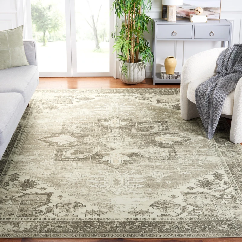 Safavieh Traditional Rug Ideal for High Traffic Areas - Machine Washable and Non Slip - Tucson Collection, Short Pile, in Sage and Ivory, 200 X 300 cm