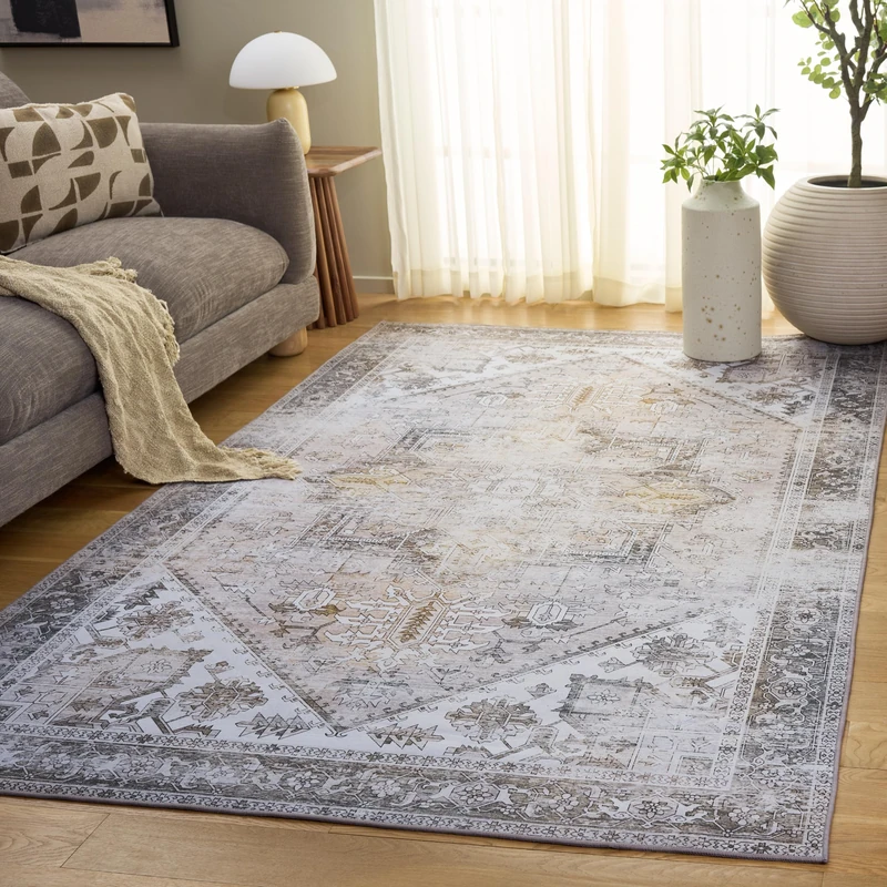 Safavieh Traditional Rug Ideal for High Traffic Areas - Machine Washable and Non Slip - Tucson Collection, Short Pile, in Beige and Grey, 120 X 120 cm