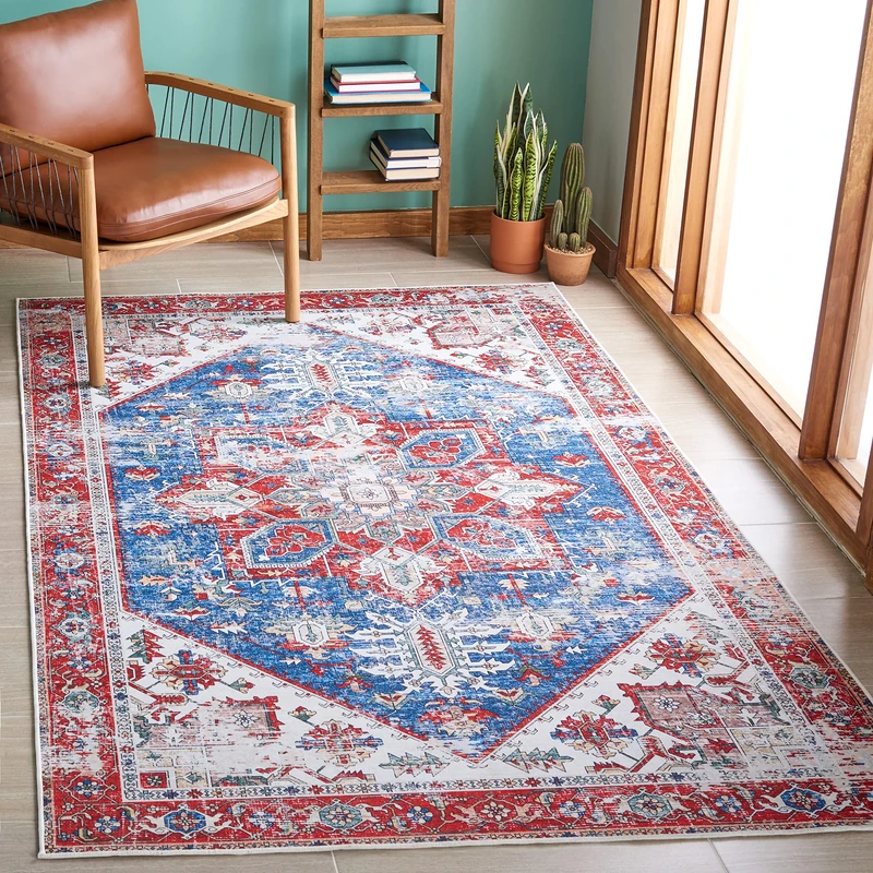 Safavieh Traditional Rug Ideal for High Traffic Areas - Machine Washable and Non Slip - Tucson Collection, Short Pile, in Blue and Red, 152 X 244 cm