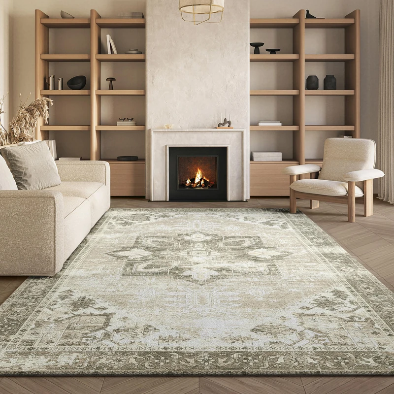 Safavieh Traditional Rug Ideal for High Traffic Areas - Machine Washable and Non Slip - Tucson Collection, Short Pile, in Sage and Ivory, 183 X 183 cm - Image 1