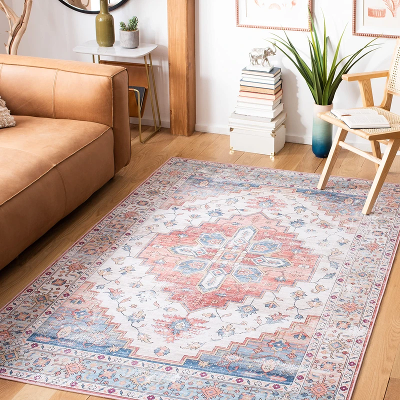 Safavieh Traditional Rug Ideal for High Traffic Areas - Machine Washable and Non Slip - Tucson Collection, Short Pile, in Blue and Beige, 183 X 274 cm - Image 1