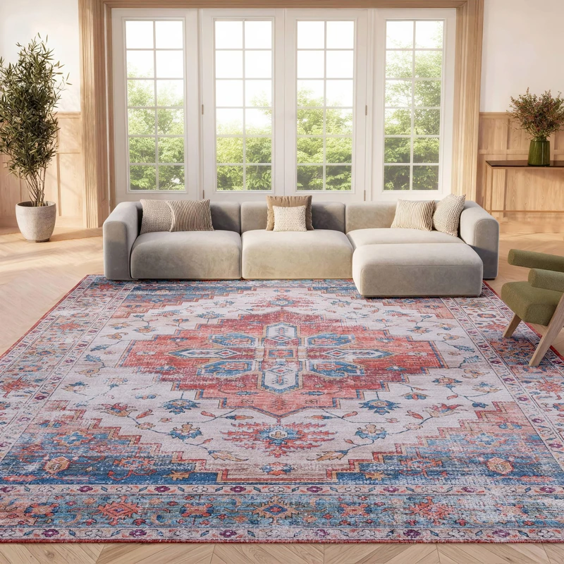 Safavieh Traditional Rug Ideal for High Traffic Areas - Machine Washable and Non Slip - Tucson Collection, Short Pile, in Blue and Beige, 183 X 183 cm - Image 1