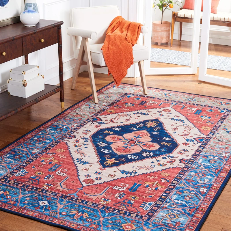 Safavieh Traditional Rug Ideal for High Traffic Areas - Machine Washable and Non Slip - Tucson Collection, Short Pile, in Rust and Blue, 152 X 244 cm