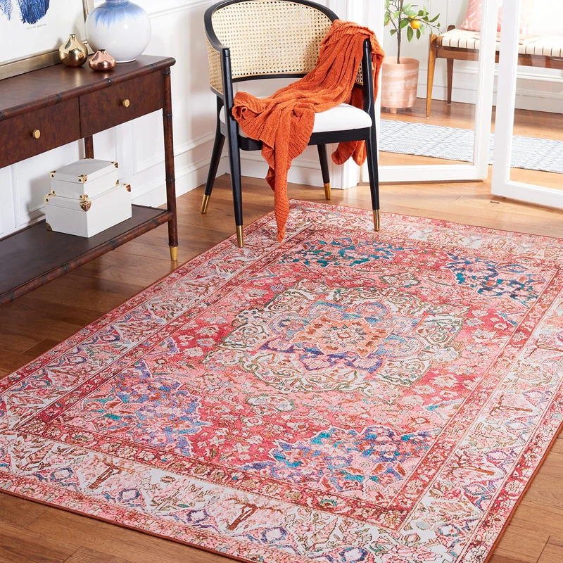 Safavieh Traditional Rug Ideal for High Traffic Areas - Machine Washable and Non Slip - Tucson Collection, Short Pile, in Rose and Cream, 152 X 244 cm