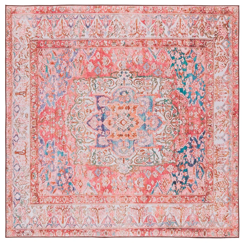 Safavieh Traditional Rug Ideal for High Traffic Areas - Machine Washable and Non Slip - Tucson Collection, Short Pile, in Rose and Cream, 183 X 183 cm