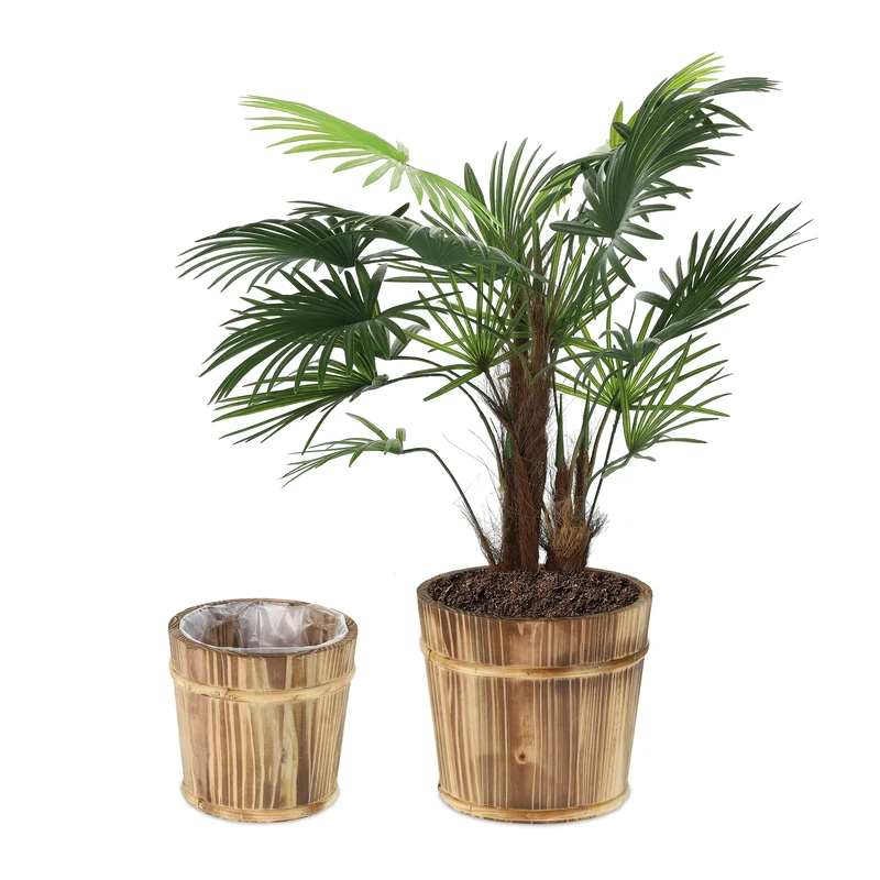 Relaxdays 2x Round Wooden Flowerpots, with Ø: 24 & 19 cm, Weatherproof, Garden, Balcony and Windowsill, Firwood, Natural - Image 1