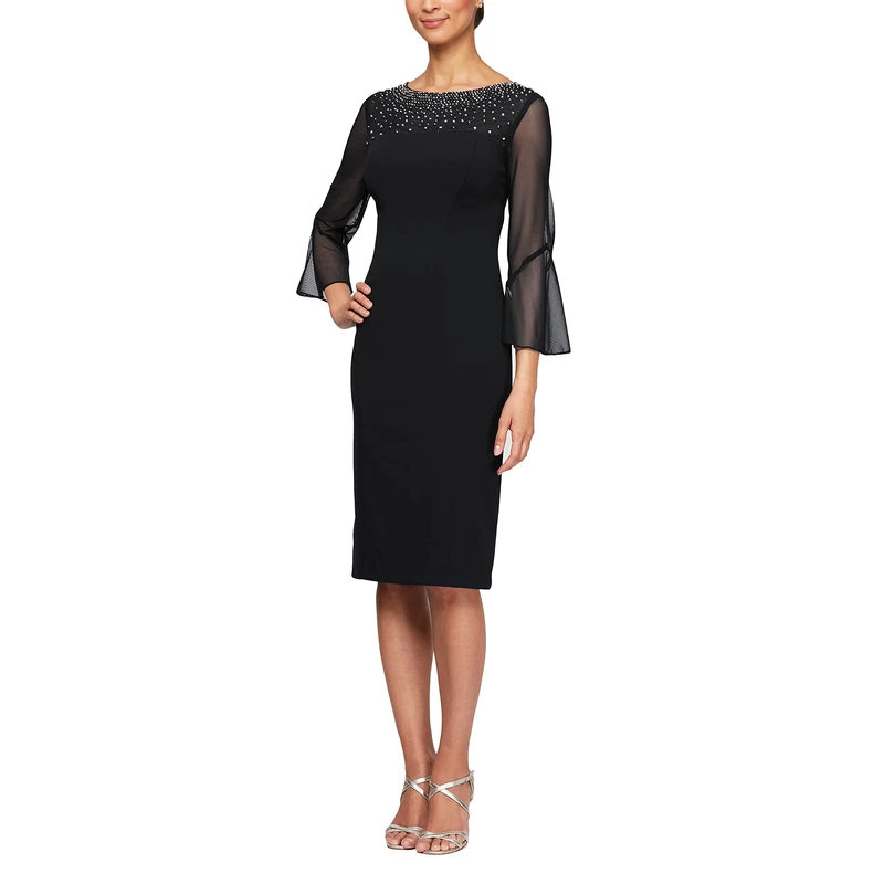 Alex Evenings Women's Short Shift Dress with Embellished Illusion Detail Special Occasion, Black and Silver, 18