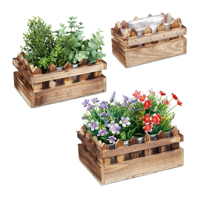 Relaxdays Set of 3 Flamed Fir Wood Flowerpots - 3 Sizes