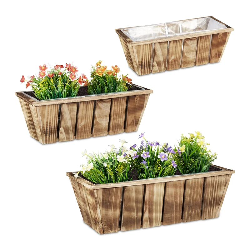 Relaxdays 3x Rectangular Flowerpots in Various Sizes, Garden, Balcony and Windowsill, Vintage Look, Foil Lined, Natural, Wood, 15x46x23cm