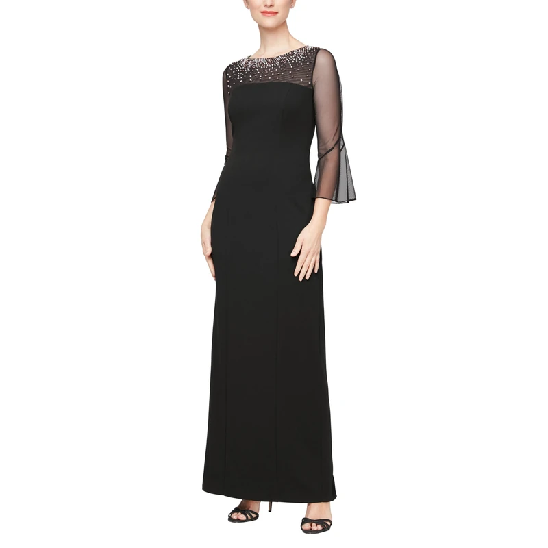 Alex Evenings Women's Short Shift Cocktail Dress with Embellished Illusion Detail, Wedding Guest (Petite and Regular Sizes), Black and Silver, 22