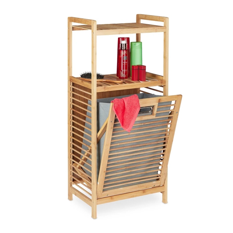 Relaxdays Bathroom Shelf with Laundry Basket, 2 Open Trays, Tiltable Clothes Collector, HWD: 95x40x30 cm, Natural/Grey, Bamboo - Image 1