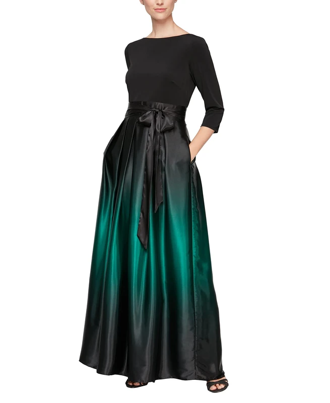 S.L. Fashions Women's Long Satin Ombre Party Dress with Pockets (Missy and Petite), Black and Green, 16
