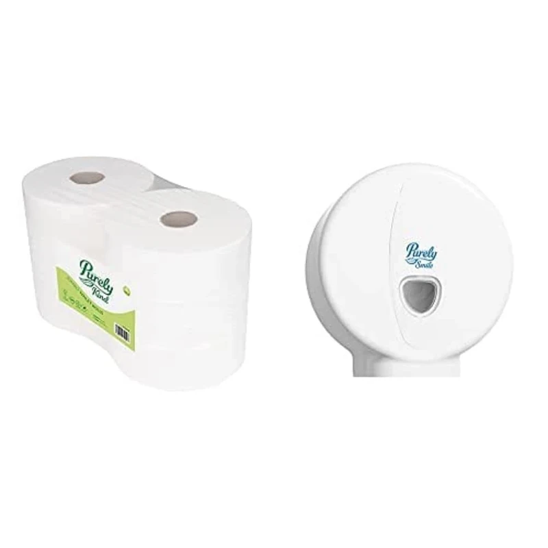 Blake & White 2 Ply White Jumbo Toilet Rolls & Plastic Dispenser - Purely Kind Highly Absorbent Toilet Paper for Home and Leisure Centres - FSC Certified Ultra Durable Tissue Roll - Pack of 6