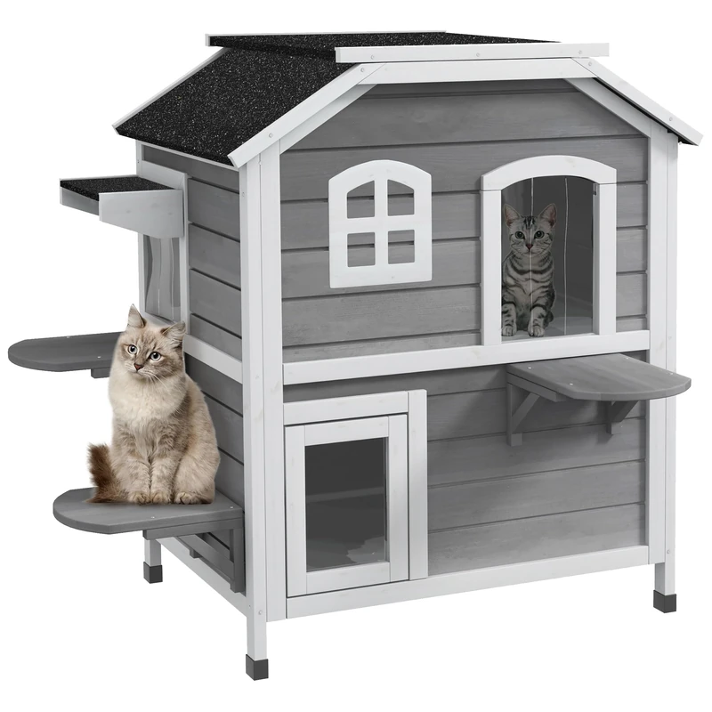 PawHut Wooden Cat House Cat Cave Pet Shelter Condos Outdoor Grey
