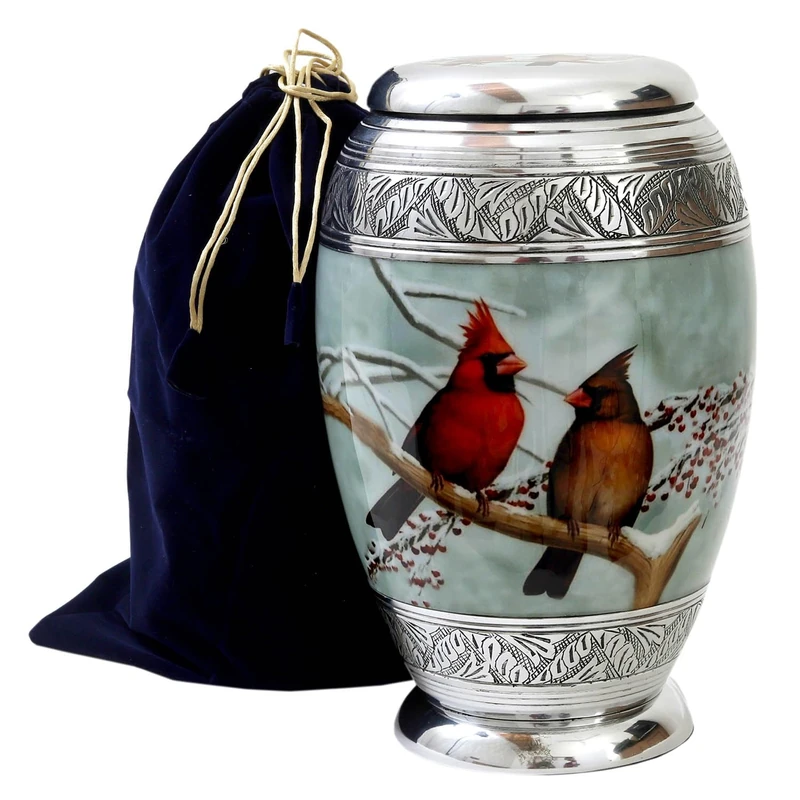 HLC Beautiful Cardinal Couple Bird Cremation Large Urn for Human Ashes - Handcrafted Affordable (Adult 200 lbs), 10.5'' H x 6'' W x 6'' L (CFDS0012266)
