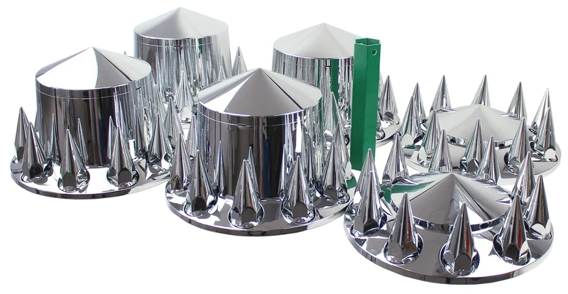 KASONG Chrome ABS 33 mm Thread-On Spiked Axle Cover Combo Kit with Removable Hub Caps and Lug Nut Covers for Semi Truck